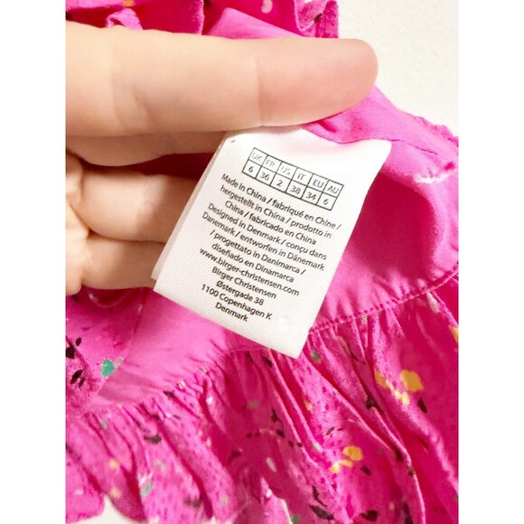 Rotate Birger Christensen Tracy Paint Splash Print Blouse Ruffle Hem Pink Size 2 - Picture 6 of 8